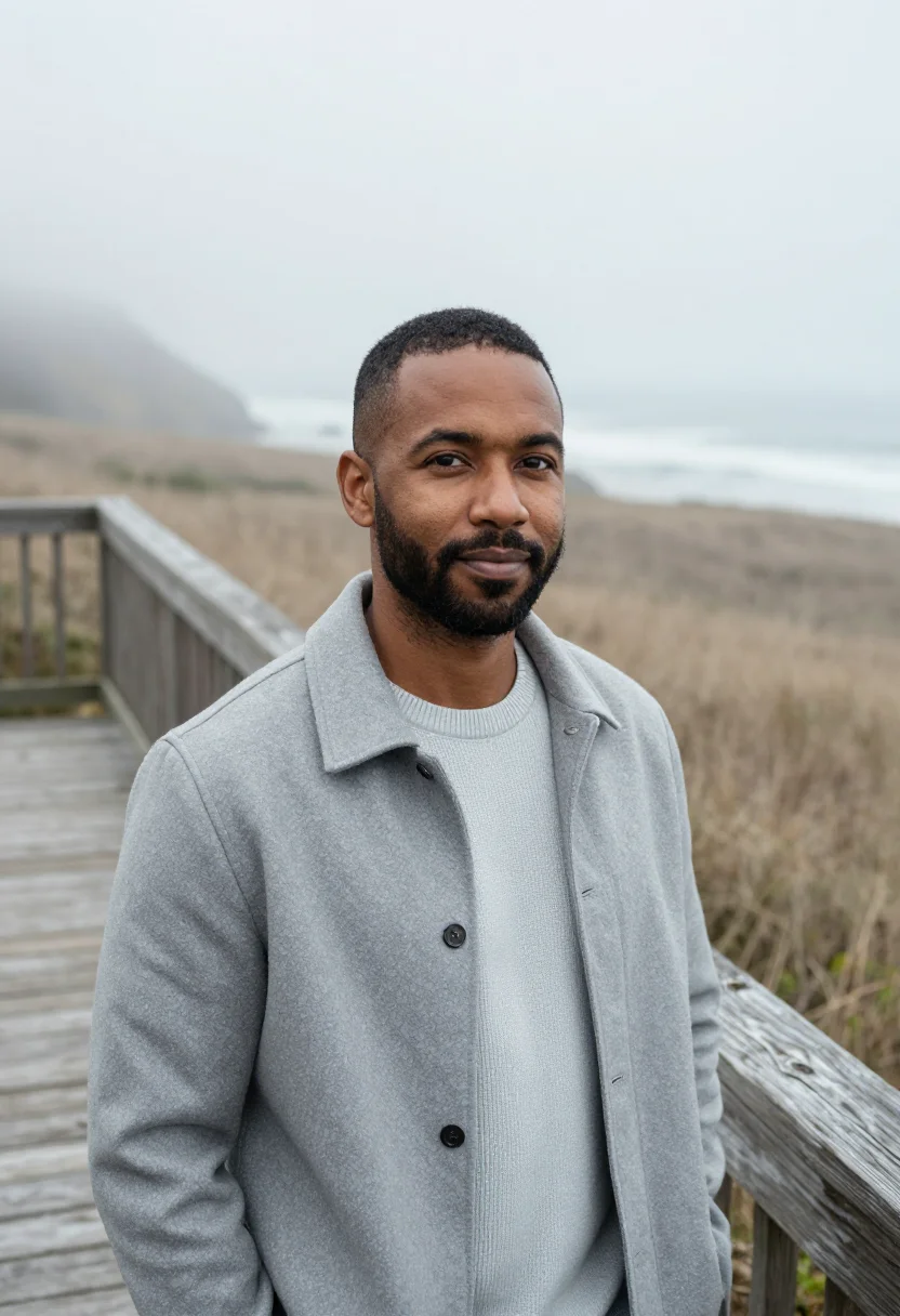 AI sea ranch realtor meadow silver sample — portrait of a man, in his forties, with deep brown skin, dar