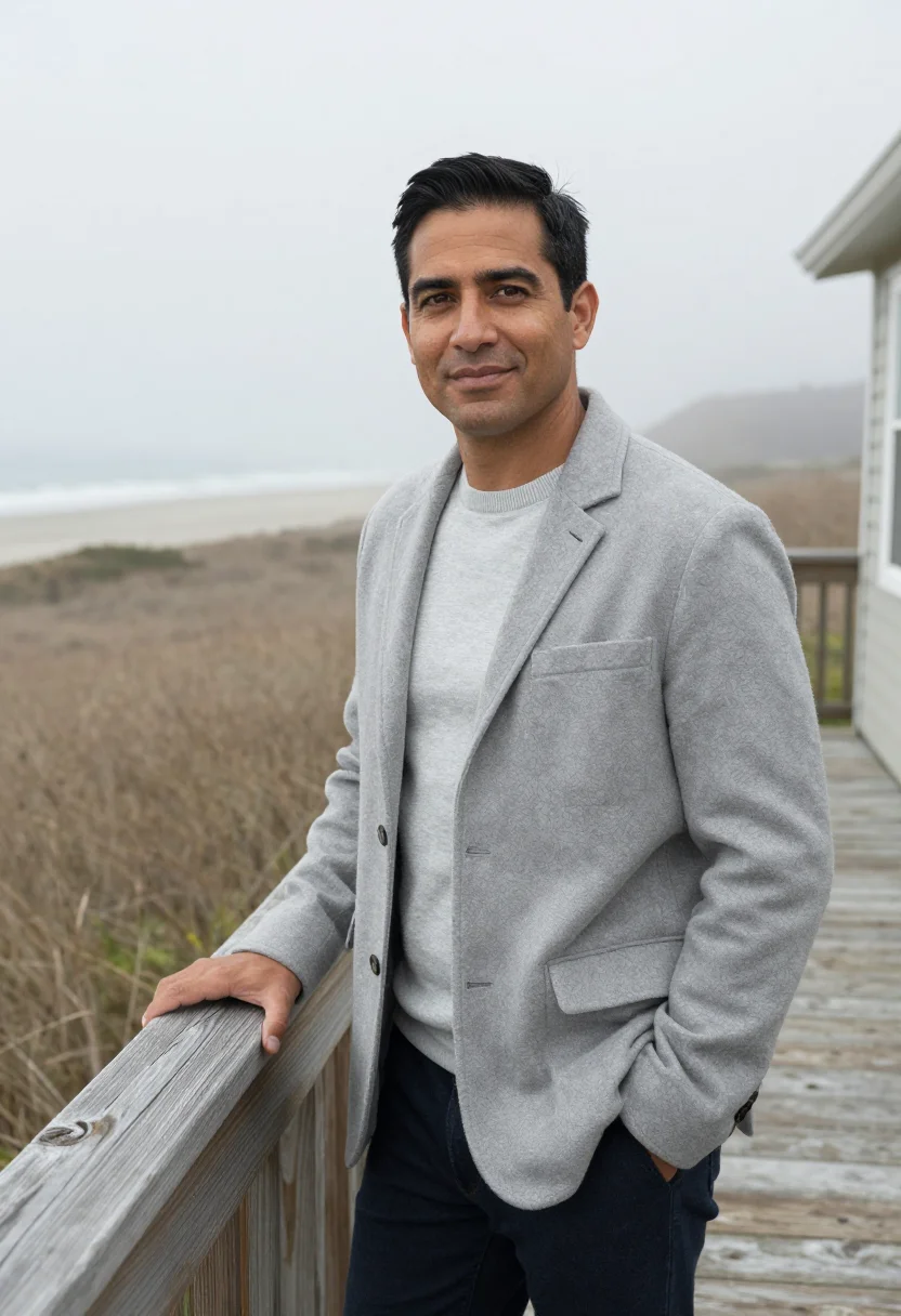 AI sea ranch realtor meadow silver sample — portrait of a man, in his late thirties, with warm golden sk
