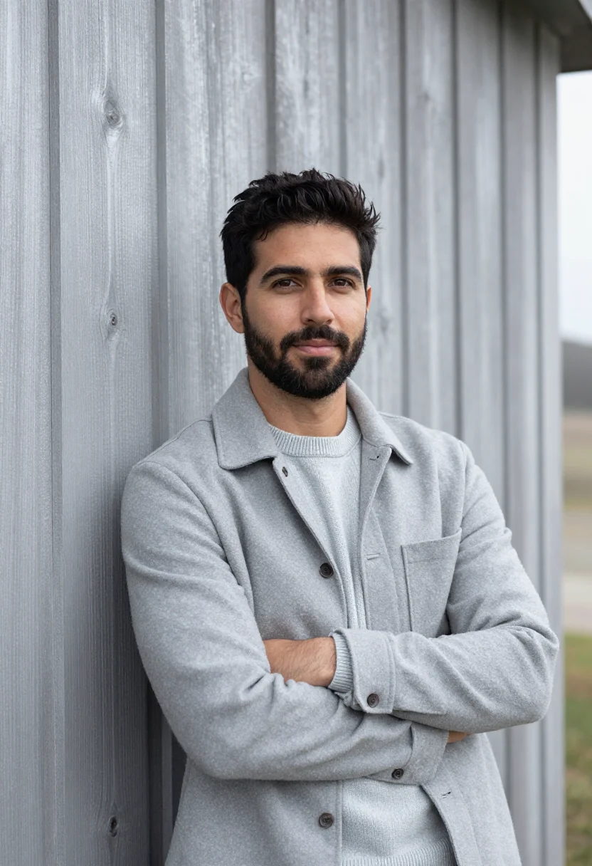AI sea ranch realtor meadow silver sample — portrait of a man, in his mid-thirties, with olive skin, dar