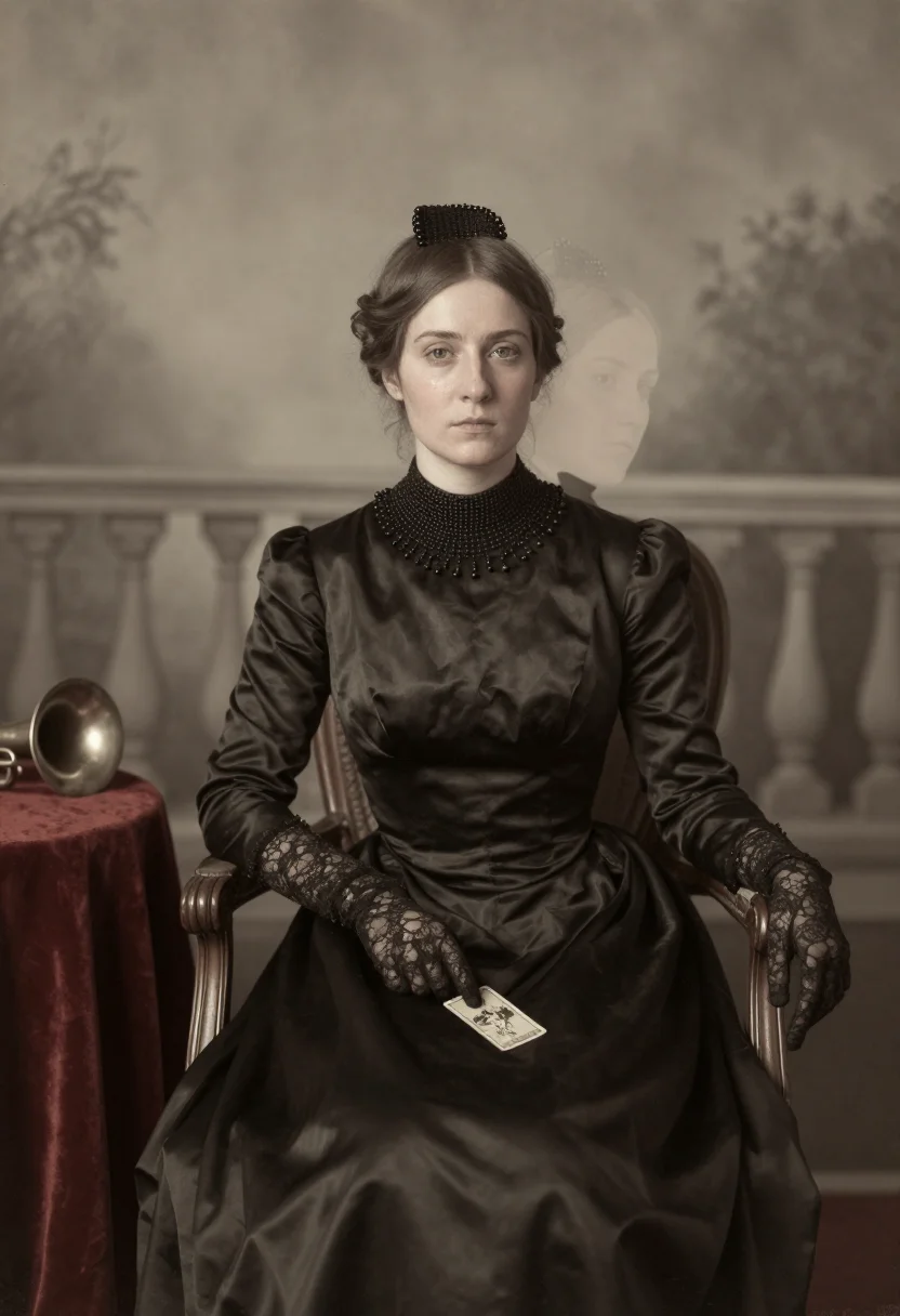 AI seance parlour sample — portrait of a woman, tight waist-up three-quarter portrait o