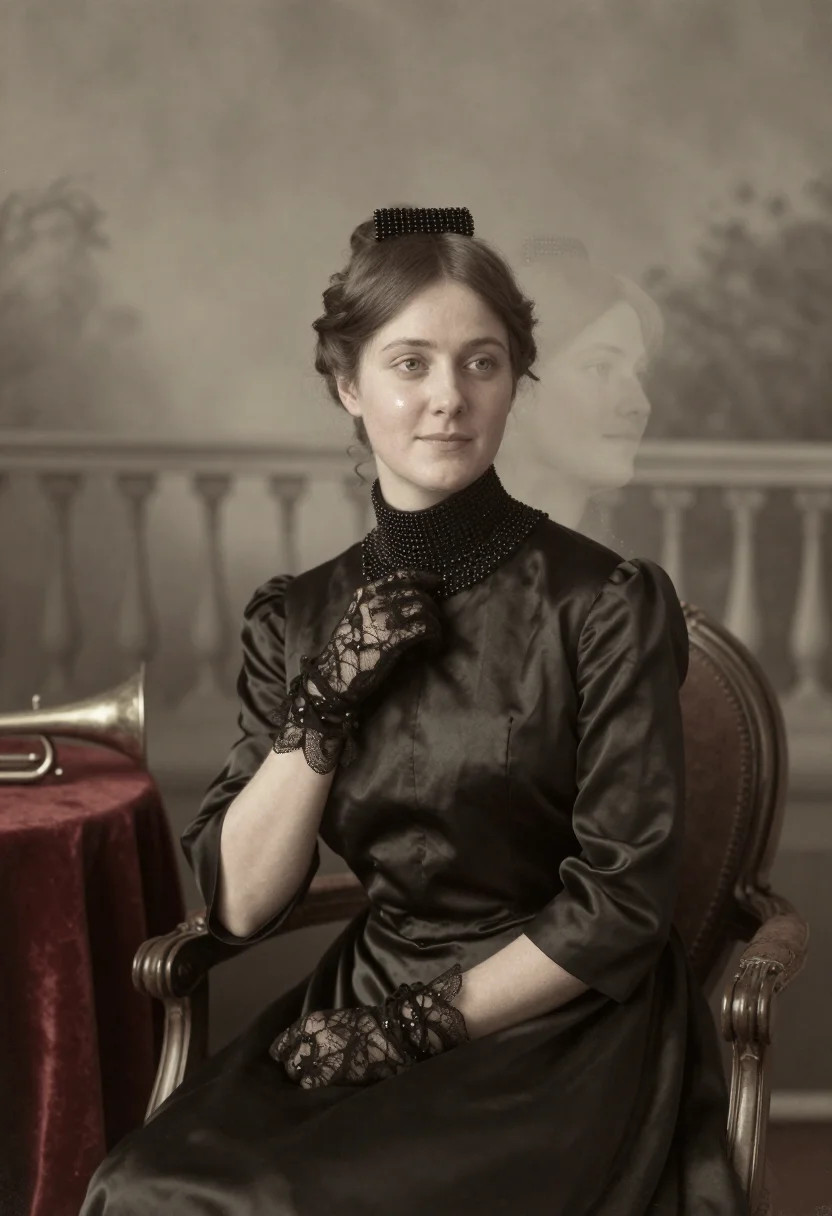 AI seance parlour sample — portrait of a woman, tight head-and-shoulders portrait of a