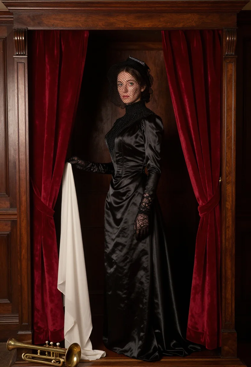 AI seance parlour sample — portrait of a woman, full-length three-quarter portrait of a