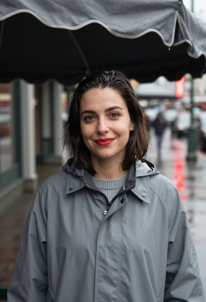 AI seattle pike place rain neon red sample — portrait of a woman, framed tight, head and shoulders, the b