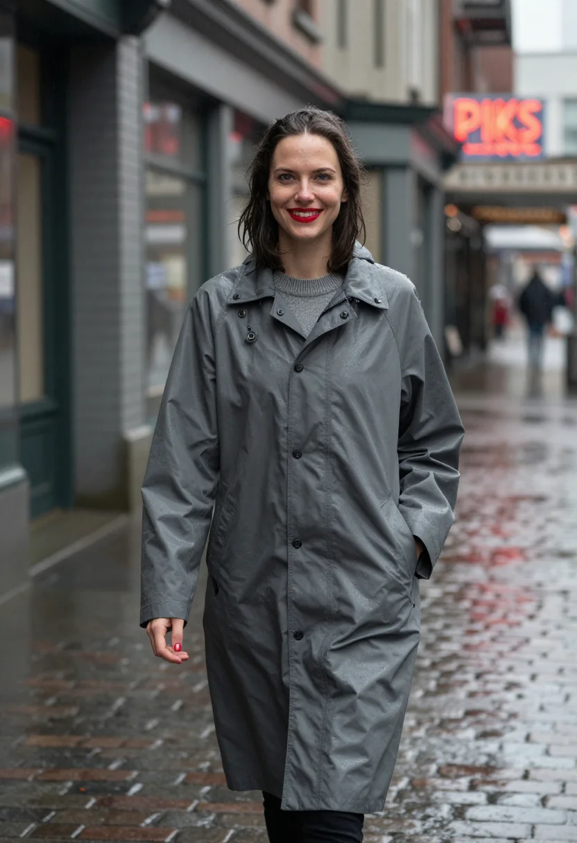 AI seattle pike place rain neon red sample — portrait of a woman, framed half-length from the head to the