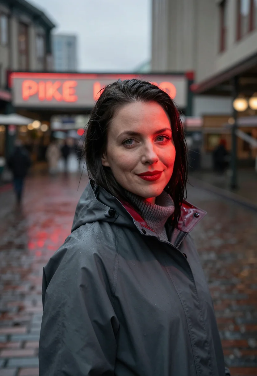 AI seattle pike place rain neon red sample — portrait of a woman, framed tight, head and shoulders, the b