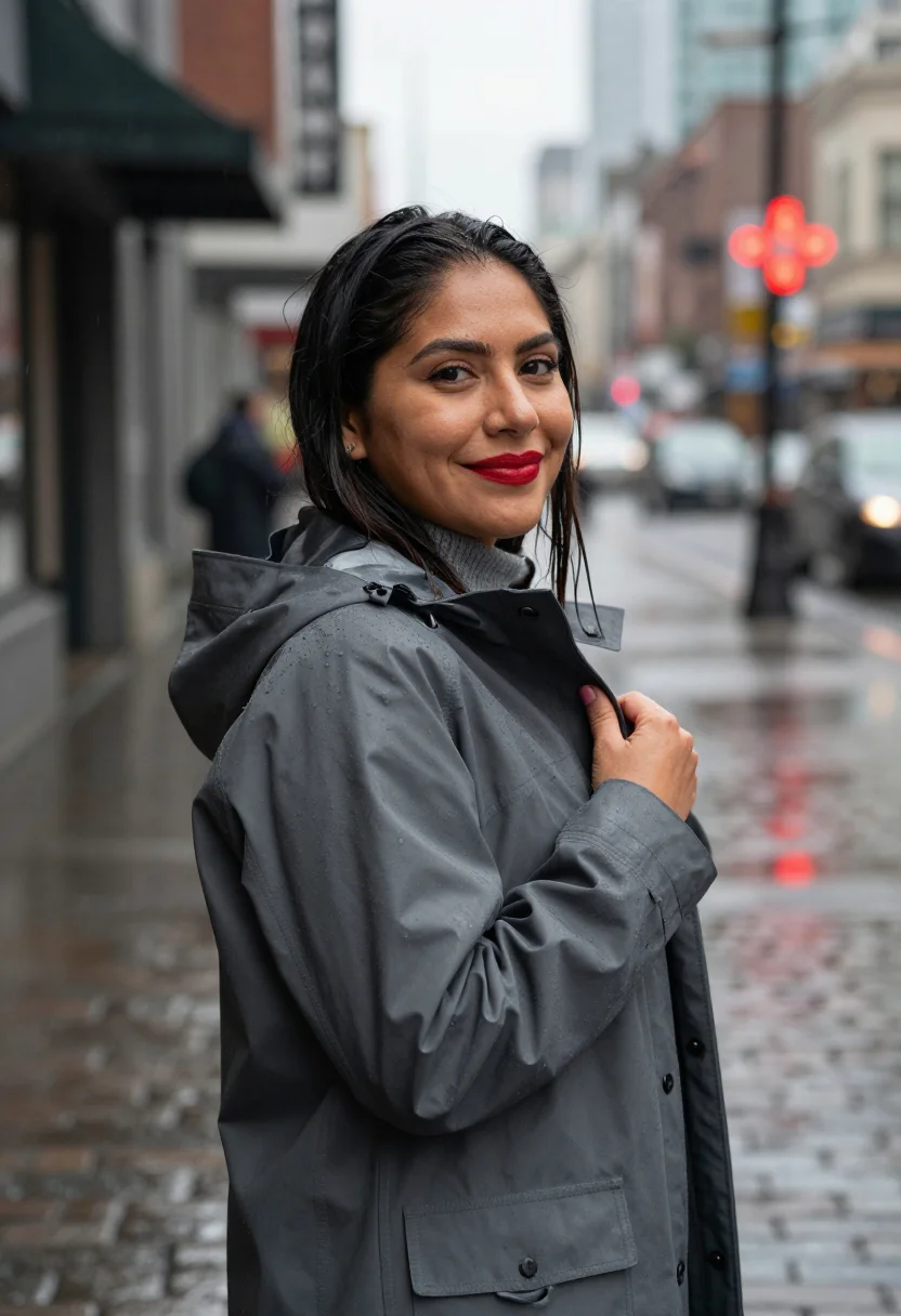 AI seattle pike place rain neon red sample — portrait of a woman, framed chest-up to the ribs, the body c