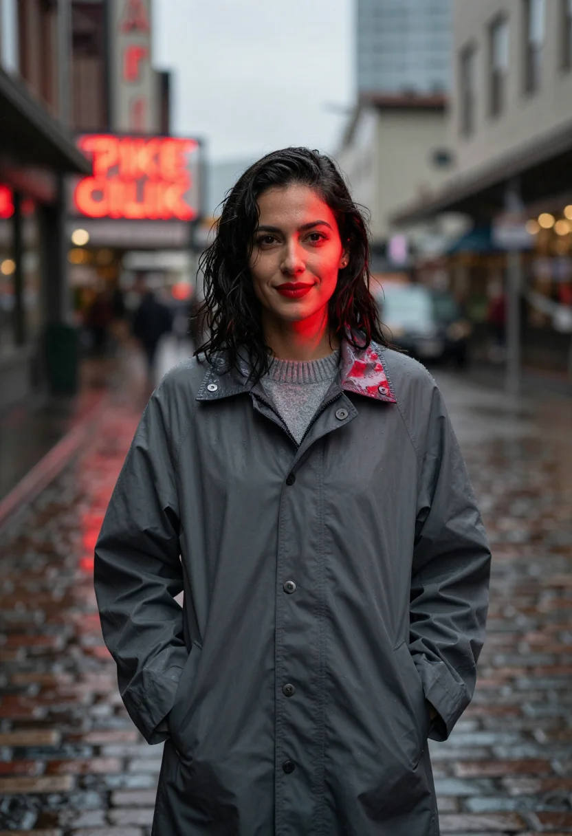 AI seattle pike place rain neon red sample — portrait of a woman, framed half-length from the head to the