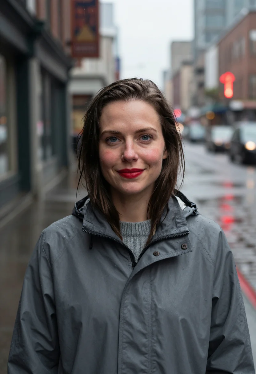 AI seattle pike place rain neon red sample — portrait of a woman, framed tight, head and shoulders, the b
