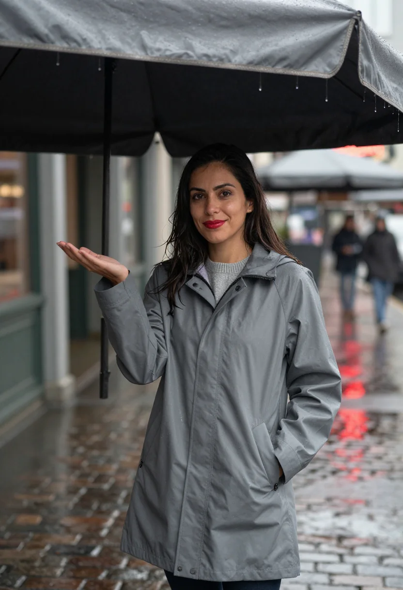 AI seattle pike place rain neon red sample — portrait of a woman, framed three-quarter length from the he