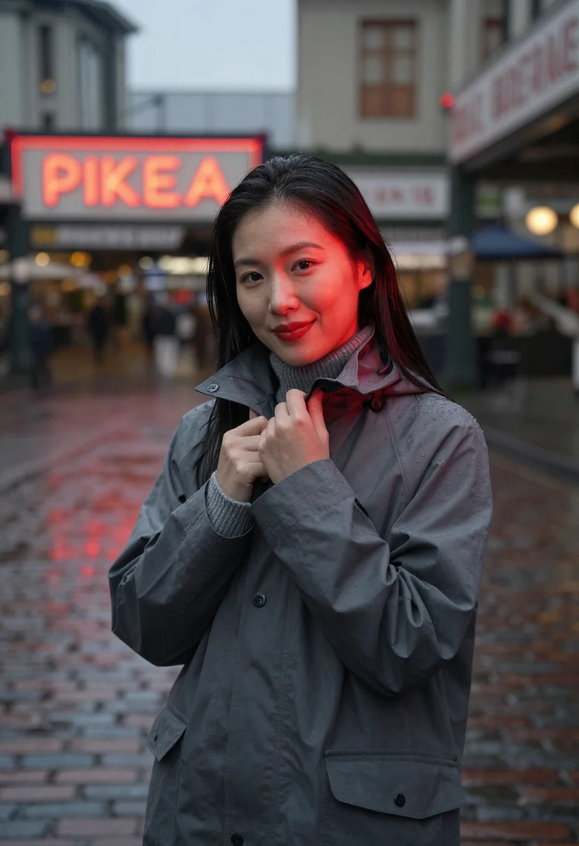 AI seattle pike place rain neon red sample — portrait of a woman, framed chest-up to the ribs, the body c