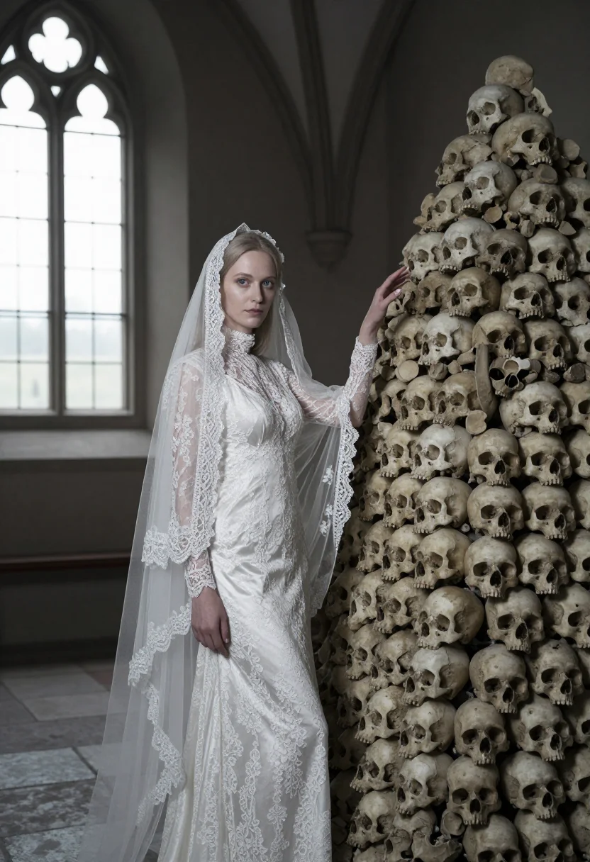 AI sedlec ossuary sample — portrait of a woman, thighs-up three-quarter portrait of a C