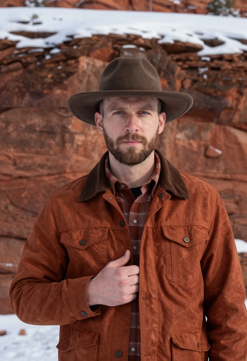 AI sedona red rock snow rust sample — portrait of a man, a chest-up view of an American man of Wes