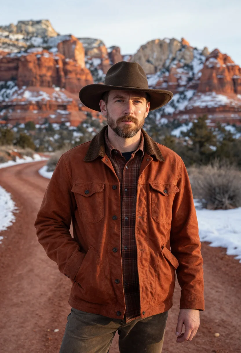 AI sedona red rock snow rust sample — portrait of a man, a half-length view of an American man of