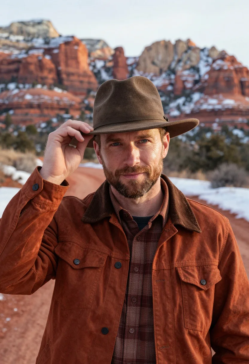 AI sedona red rock snow rust sample — portrait of a man, a chest-up view of an American man of Wes