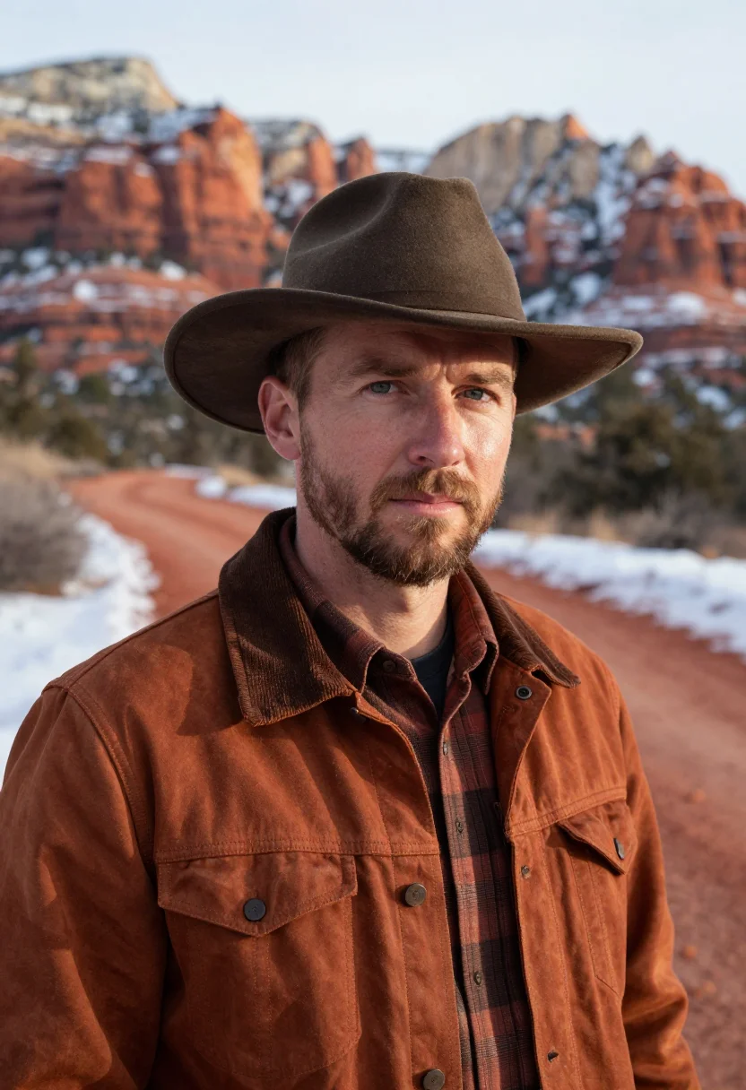 AI sedona red rock snow rust sample — portrait of a man, a tight head-and-shoulders view of an Ame