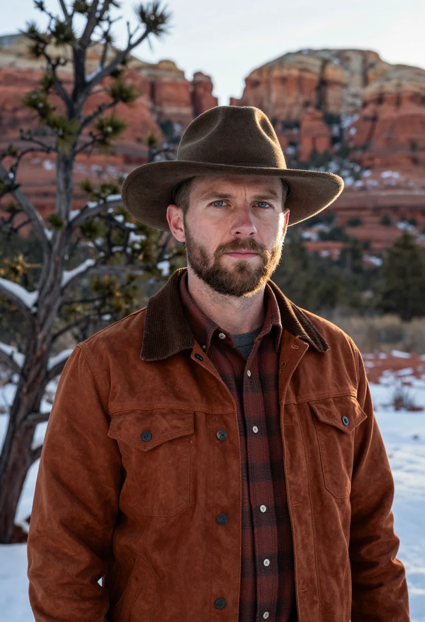 AI sedona red rock snow rust sample — portrait of a man, a chest-up view of an American man of Wes
