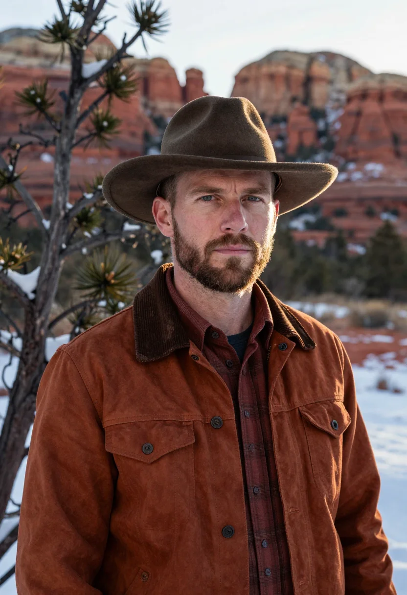 AI sedona red rock snow rust sample — portrait of a man, a tight head-and-shoulders view of an Ame
