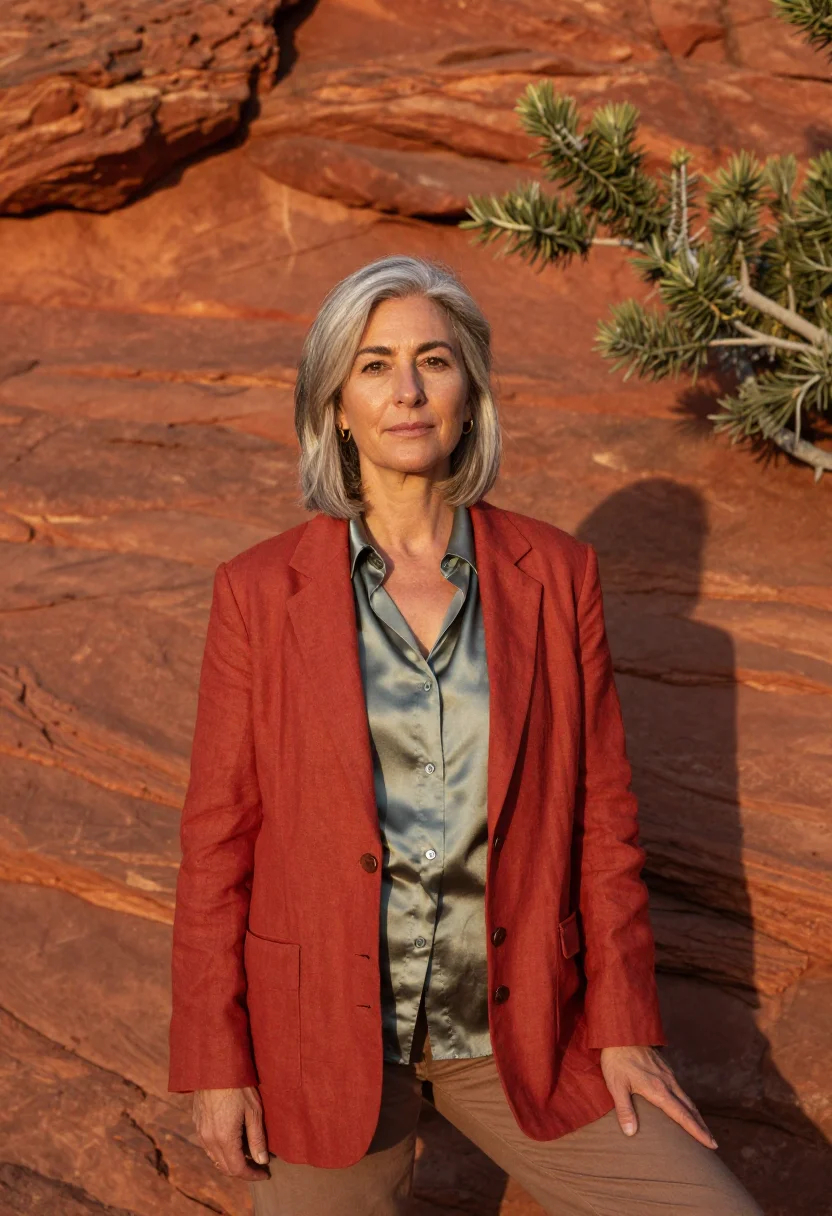 AI sedona wellness founder red rock juniper sample — portrait of a woman, in her early fifties, with olive skin,