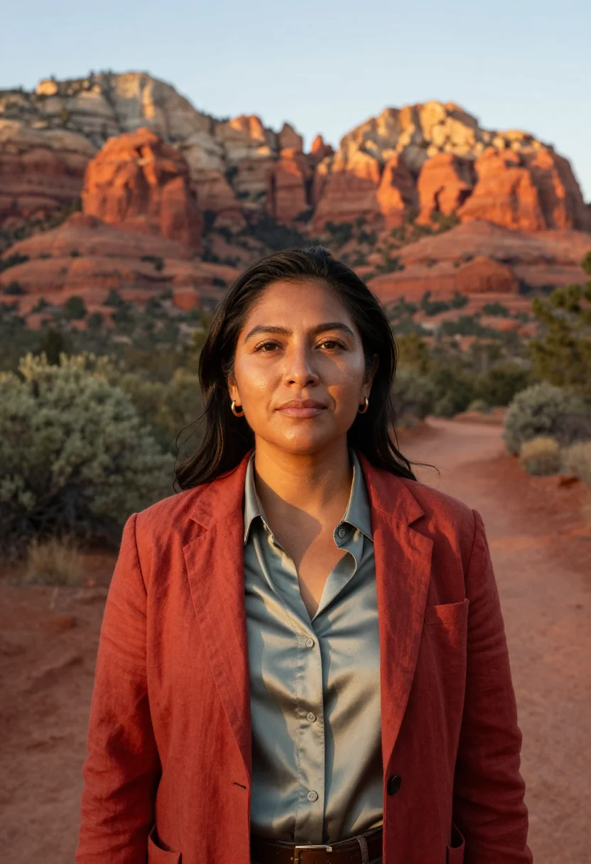 AI sedona wellness founder red rock juniper sample — portrait of a woman, Mexican-American, in her late thirties,
