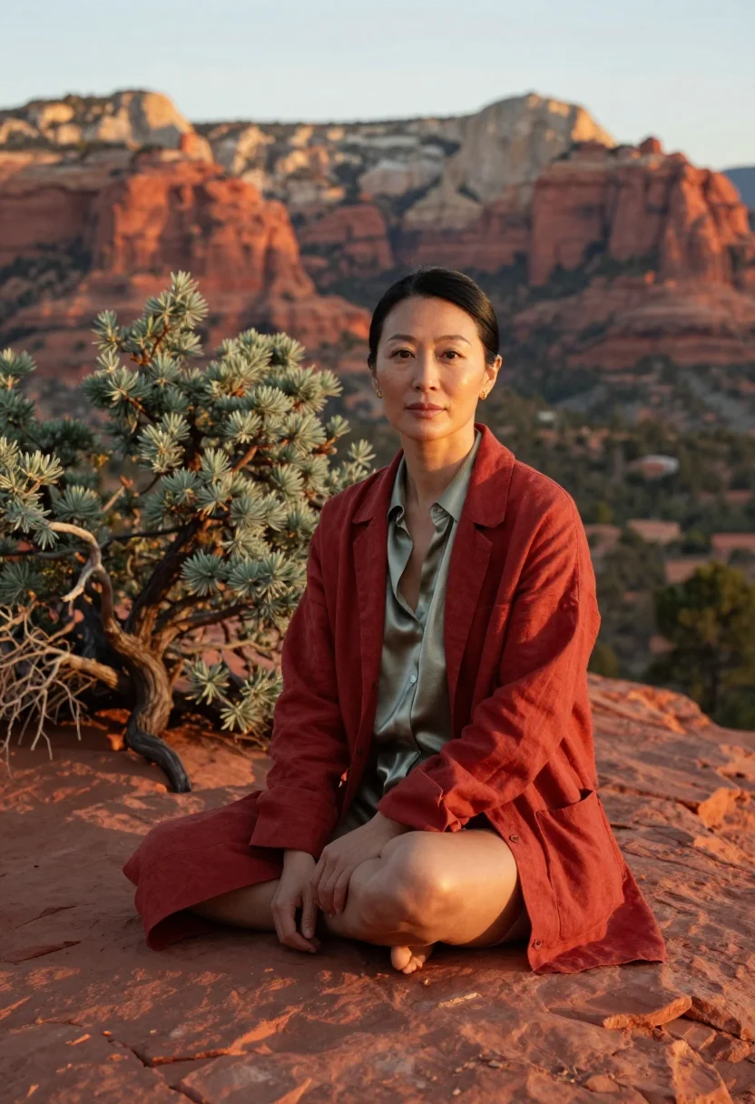 AI sedona wellness founder red rock juniper sample — portrait of a woman, Japanese-American, in her forties, with