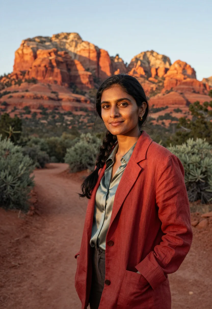 AI sedona wellness founder red rock juniper sample — portrait of a woman, Indian-American, in her early forties,