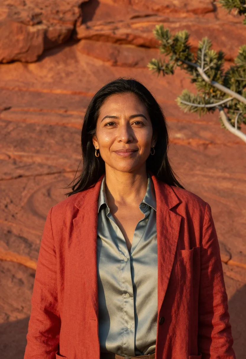 AI sedona wellness founder red rock juniper sample — portrait of a woman, Diné, in her late thirties, with warm b