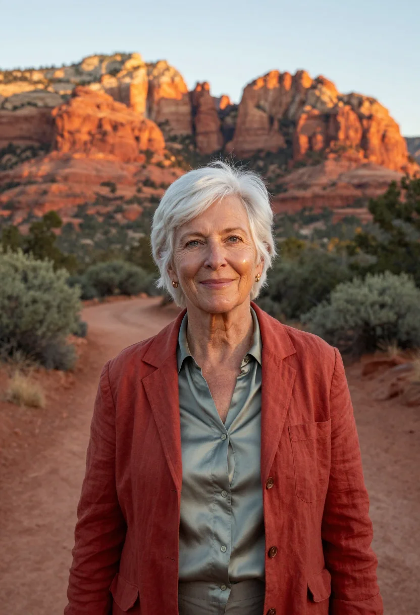 AI sedona wellness founder red rock juniper sample — portrait of a woman, in her late fifties, with fair sun-warm