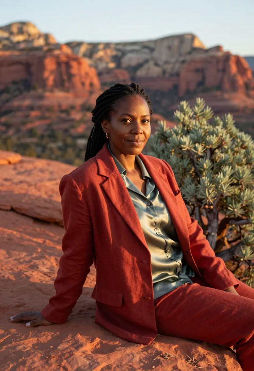 AI sedona wellness founder red rock juniper sample — portrait of a woman, African-American, in her mid-forties, w