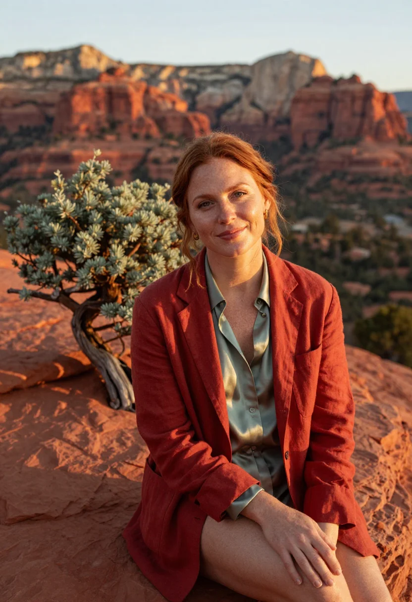 AI sedona wellness founder red rock juniper sample — portrait of a woman, in her mid-thirties, with fair freckled
