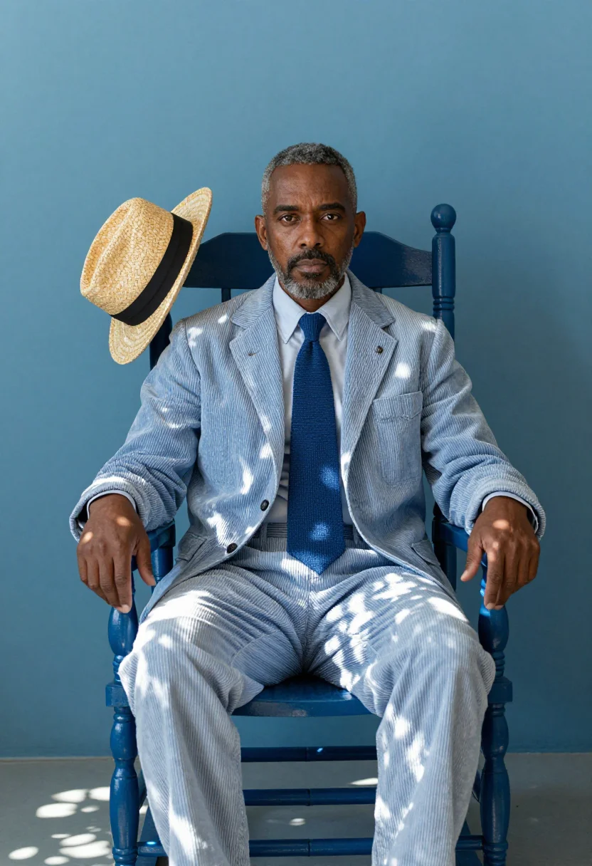 AI seersucker blue sample — portrait of a man, a man in his fifties with rich umber skin