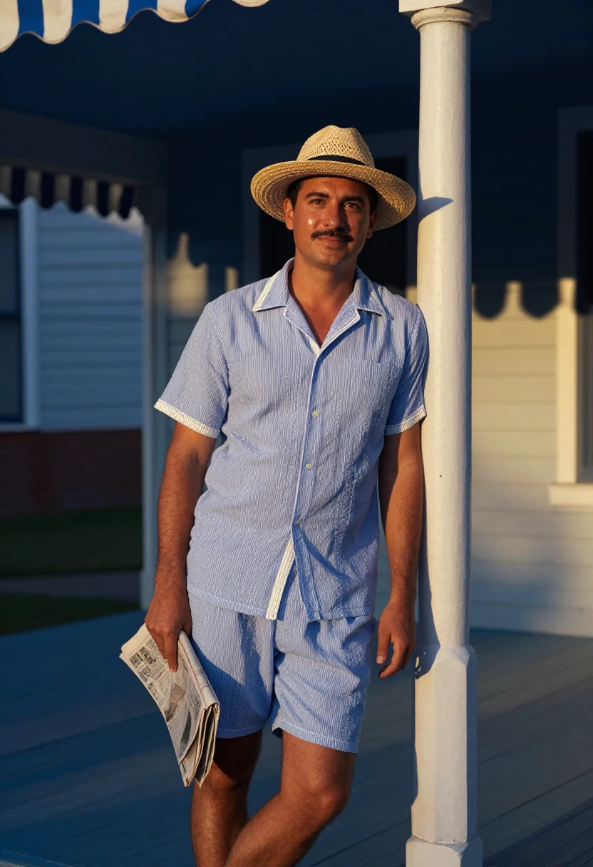 AI seersucker blue sample — portrait of a man, a man in his forties with honey skin, bro