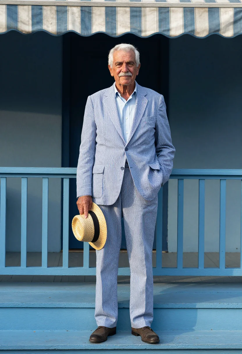 AI seersucker blue sample — portrait of a man, a man in his sixties with weathered fair