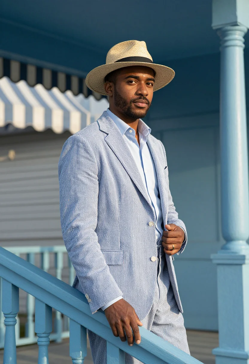 AI seersucker blue sample — portrait of a man, a man in his thirties with deep brown ski