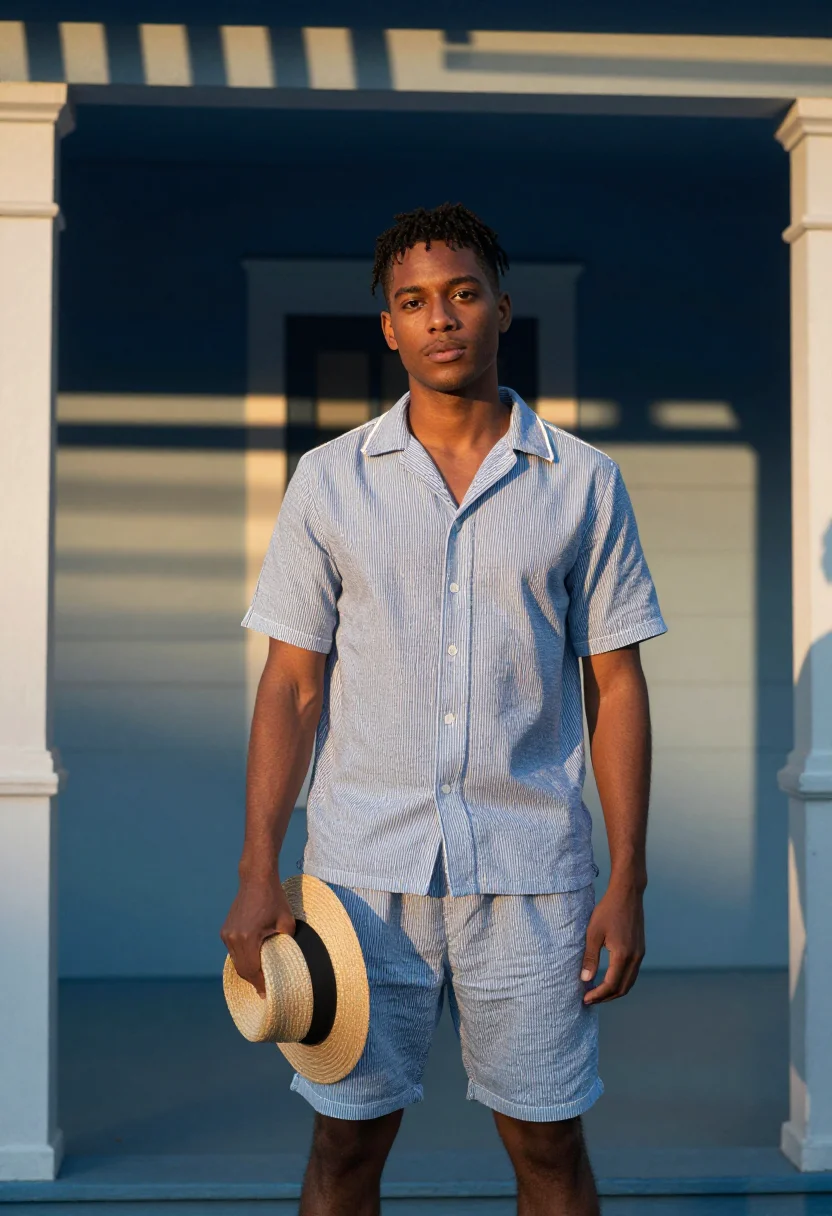 AI seersucker blue sample — portrait of a man, a man in his twenties with deep bronze sk