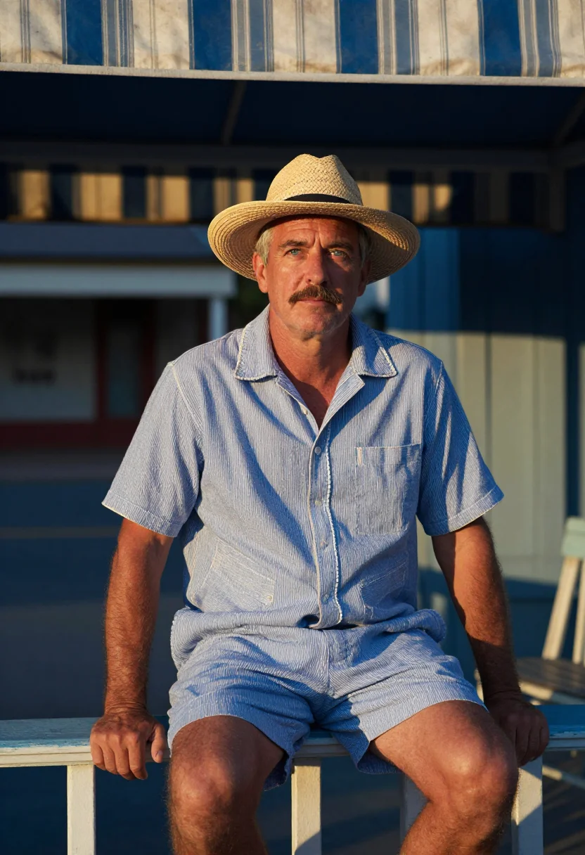 AI seersucker blue sample — portrait of a man, a man in his fifties with sun-tanned fair