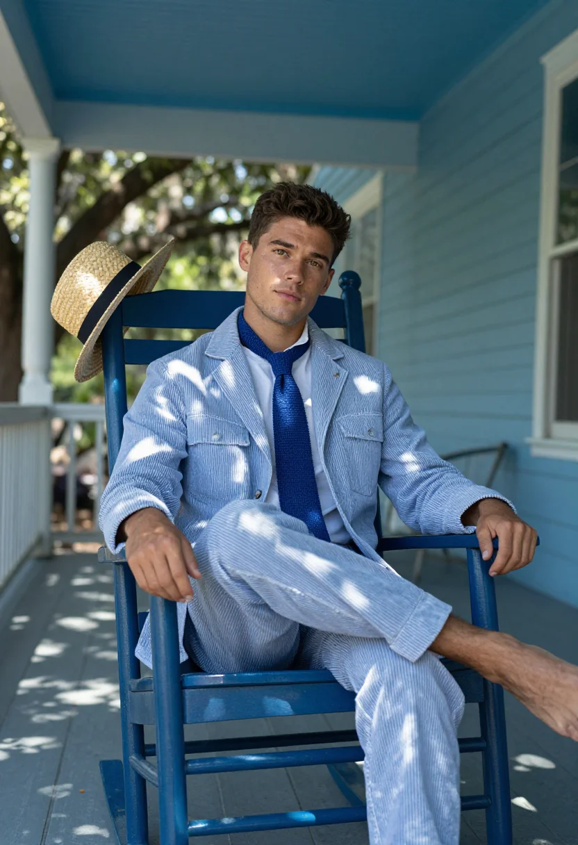 AI seersucker blue sample — portrait of a man, a man in his late twenties with warm tan