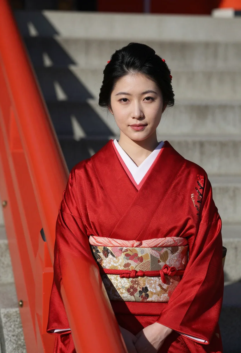 AI seijin no hi furisode red sample — portrait of a woman, framed tight, head and shoulders, the b