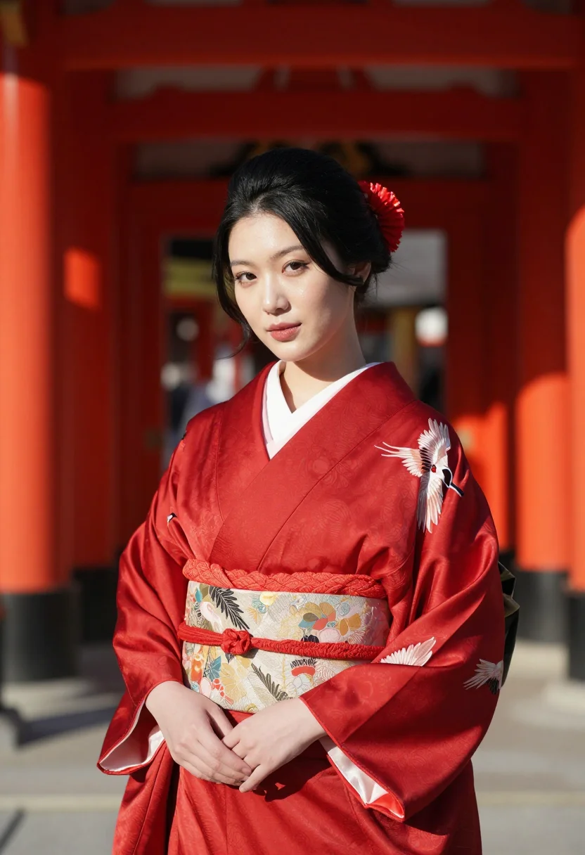 AI seijin no hi furisode red sample — portrait of a woman, framed chest-up, the body close to the