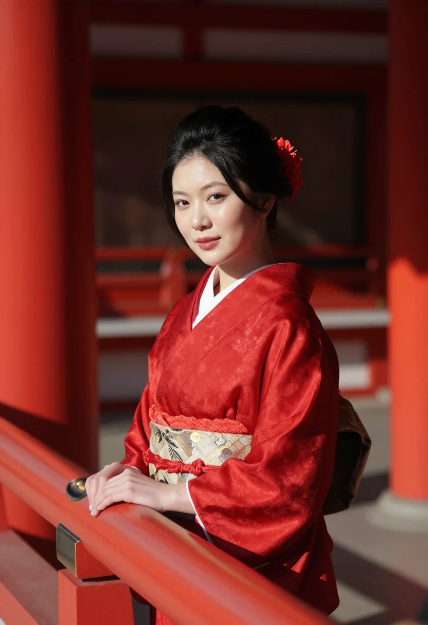 AI seijin no hi furisode red sample — portrait of a woman, framed chest-up, the body close to the