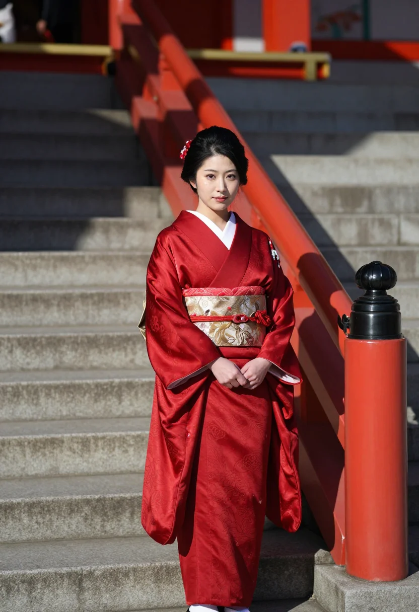 AI seijin no hi furisode red sample — portrait of a woman, framed full-length, the figure standing