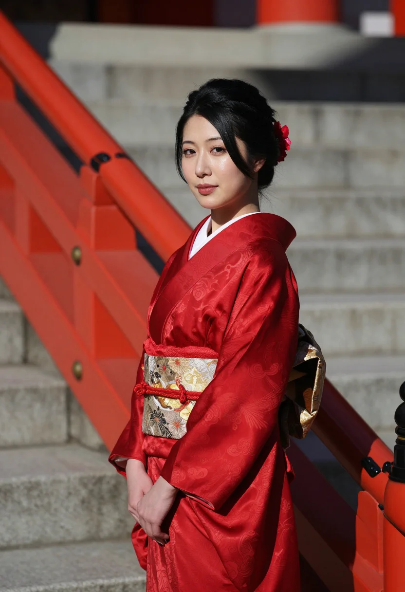 AI seijin no hi furisode red sample — portrait of a woman, framed chest-up, the body close to the