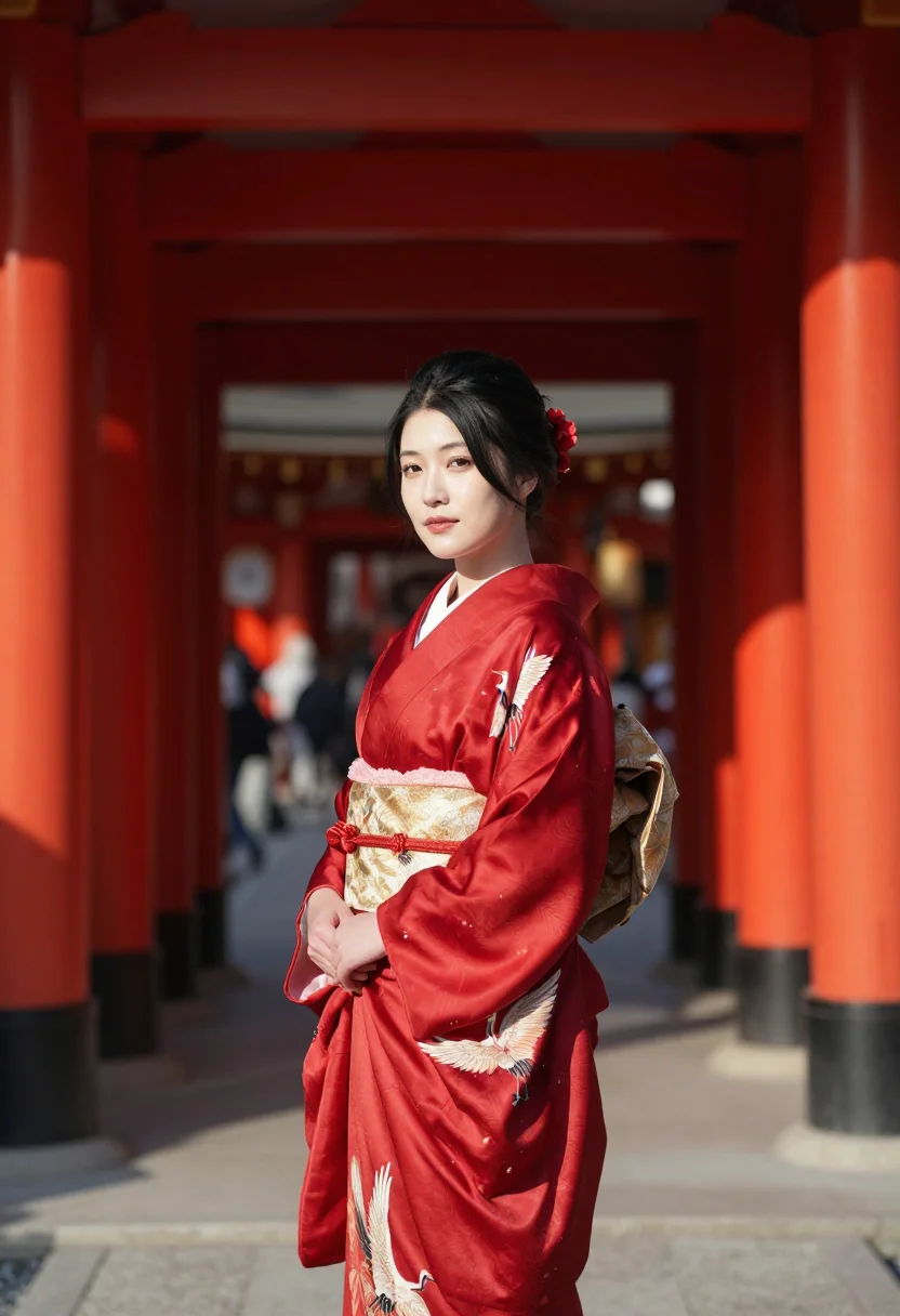 AI seijin no hi furisode red sample — portrait of a woman, framed full-length, the figure standing