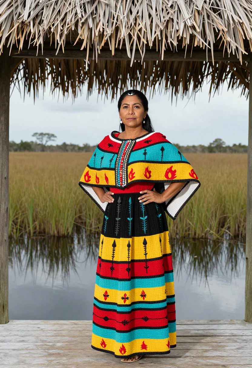 AI seminole patchwork sample — portrait of a woman, three-quarter-length portrait of a Semi