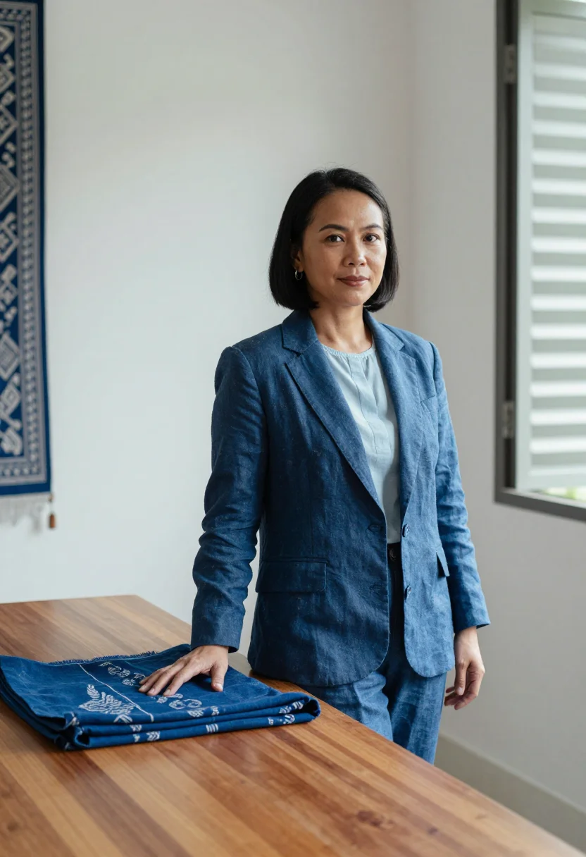 AI seminyak interior designer ikat indigo sample — portrait of a woman, an interior designer in her early fifti