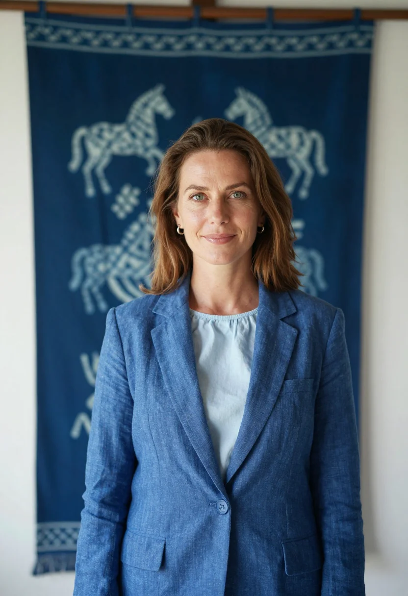 AI seminyak interior designer ikat indigo sample — portrait of a woman, an interior designer in her early forti