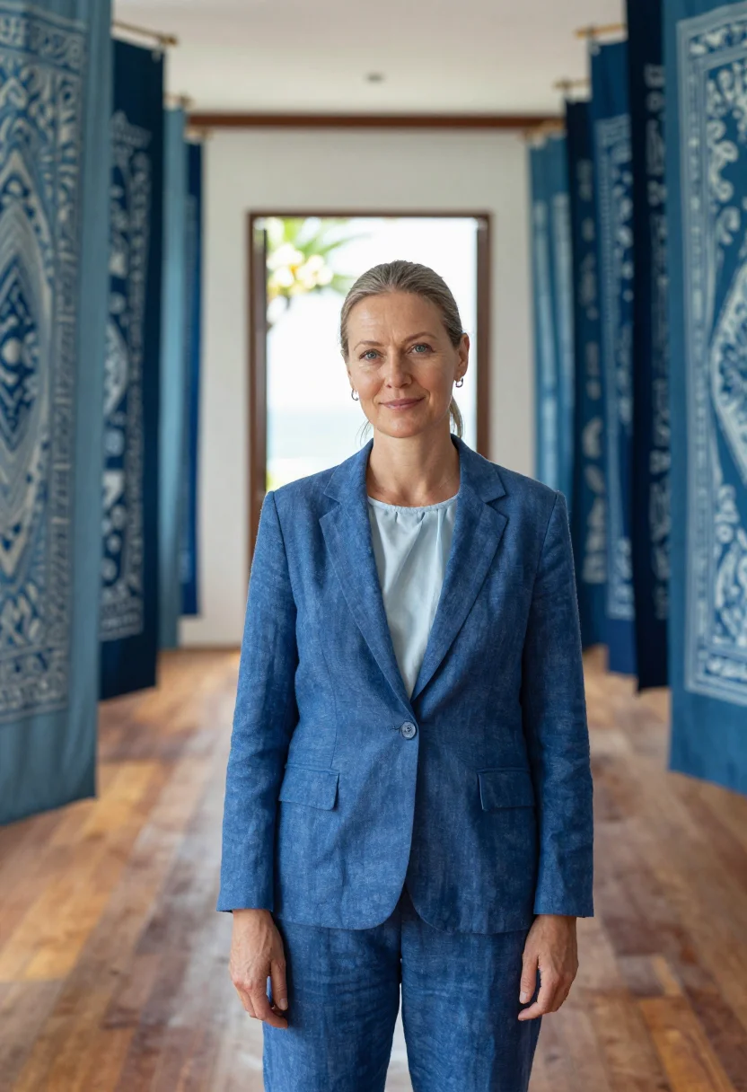 AI seminyak interior designer ikat indigo sample — portrait of a woman, an interior designer in her forties of