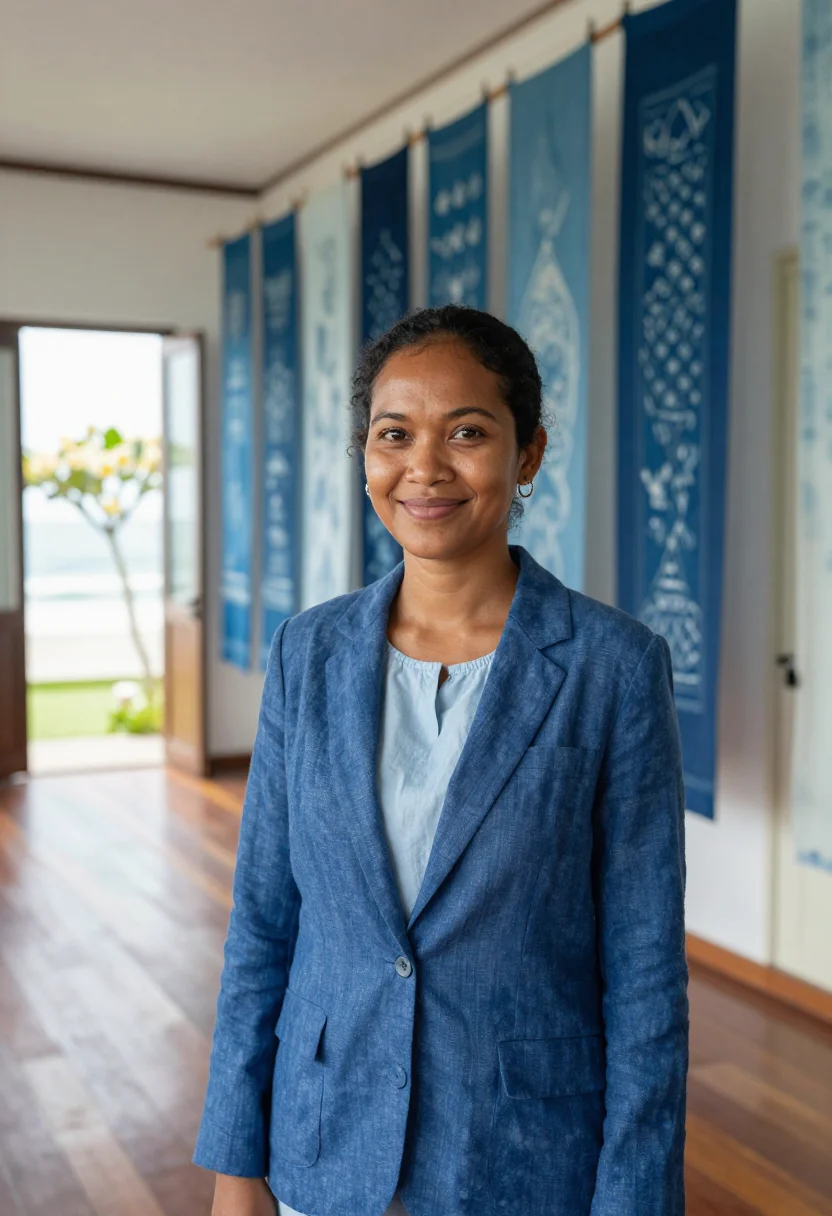 AI seminyak interior designer ikat indigo sample — portrait of a woman, an interior designer in her early thirt