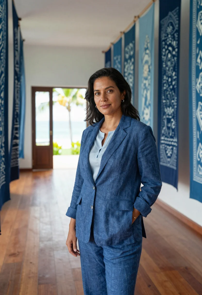 AI seminyak interior designer ikat indigo sample — portrait of a woman, an interior designer in her late fortie