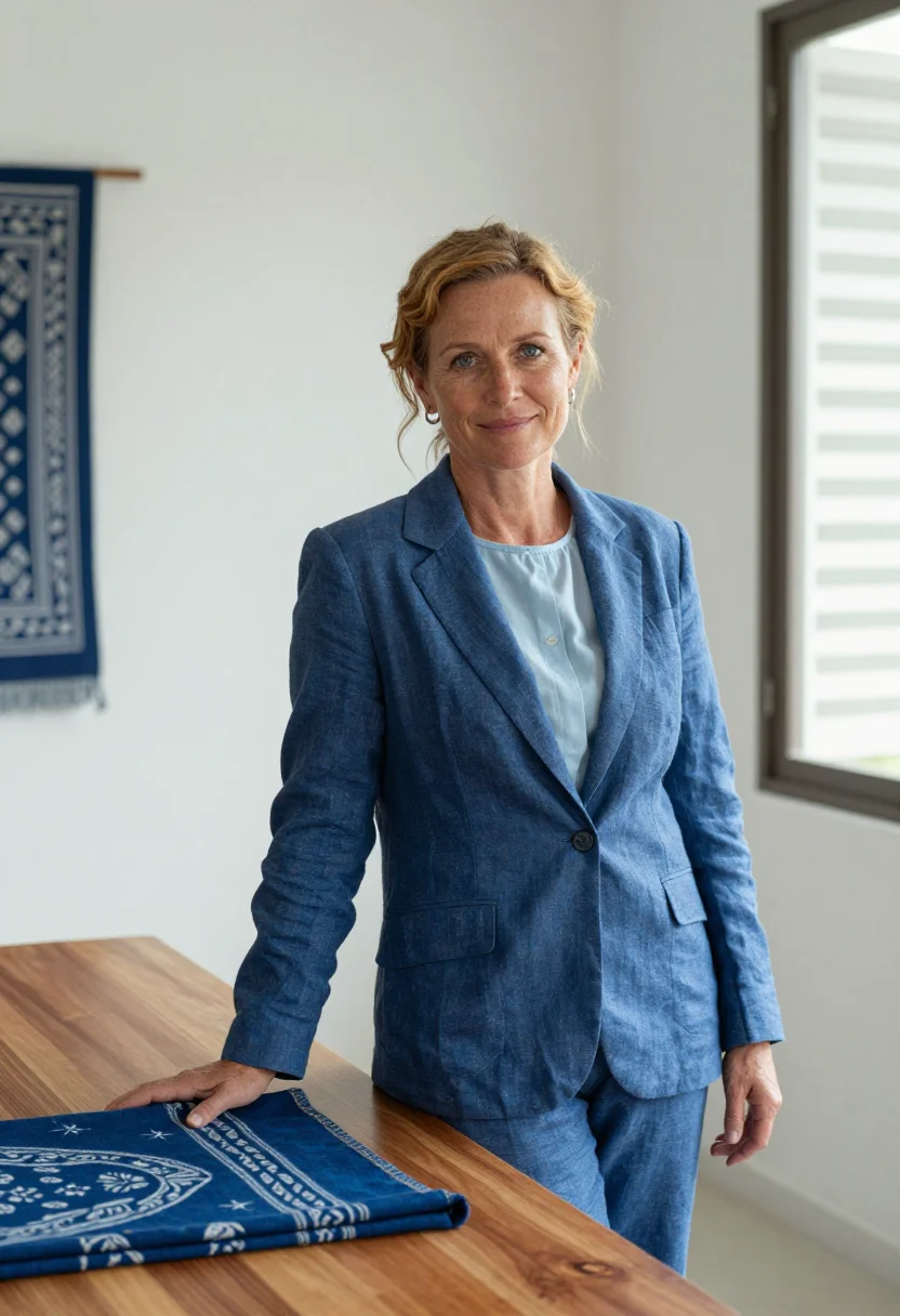 AI seminyak interior designer ikat indigo sample — portrait of a woman, an interior designer in her forties of