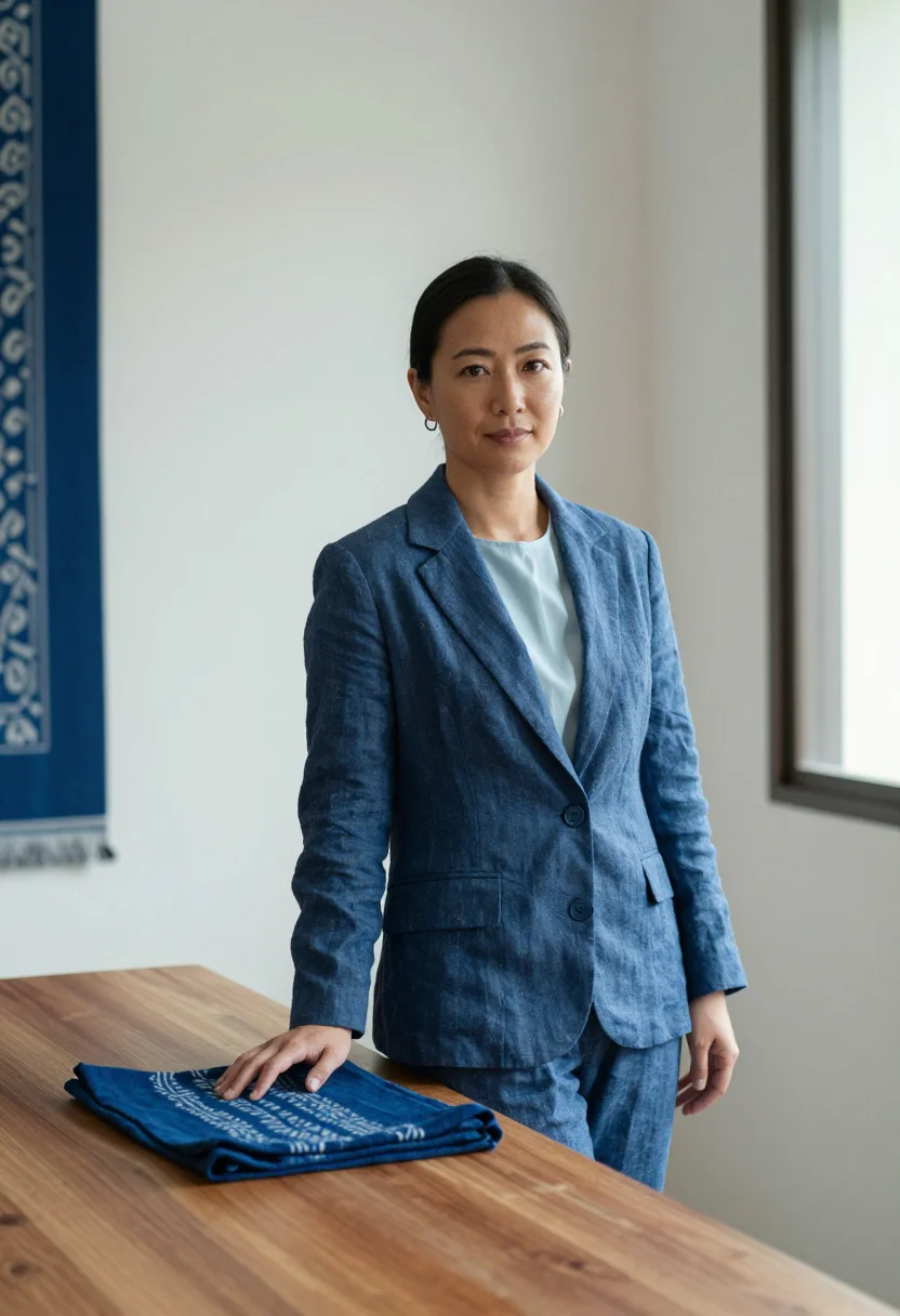 AI seminyak interior designer ikat indigo sample — portrait of a woman, an interior designer in her mid-thirtie